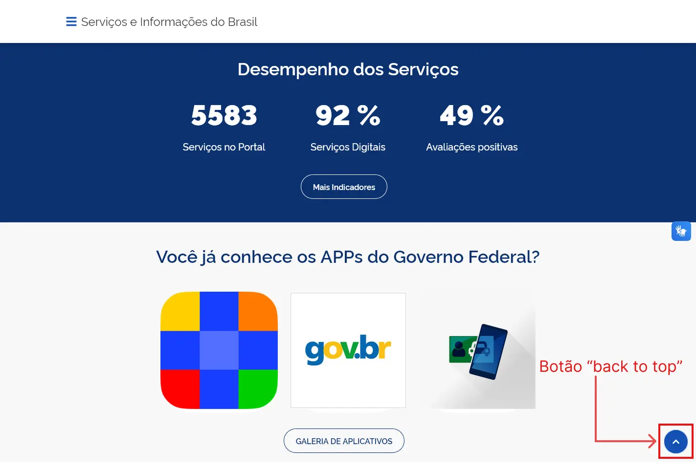 Exemplo de Botão de Voltar ao Topo do Site do Governo Federal