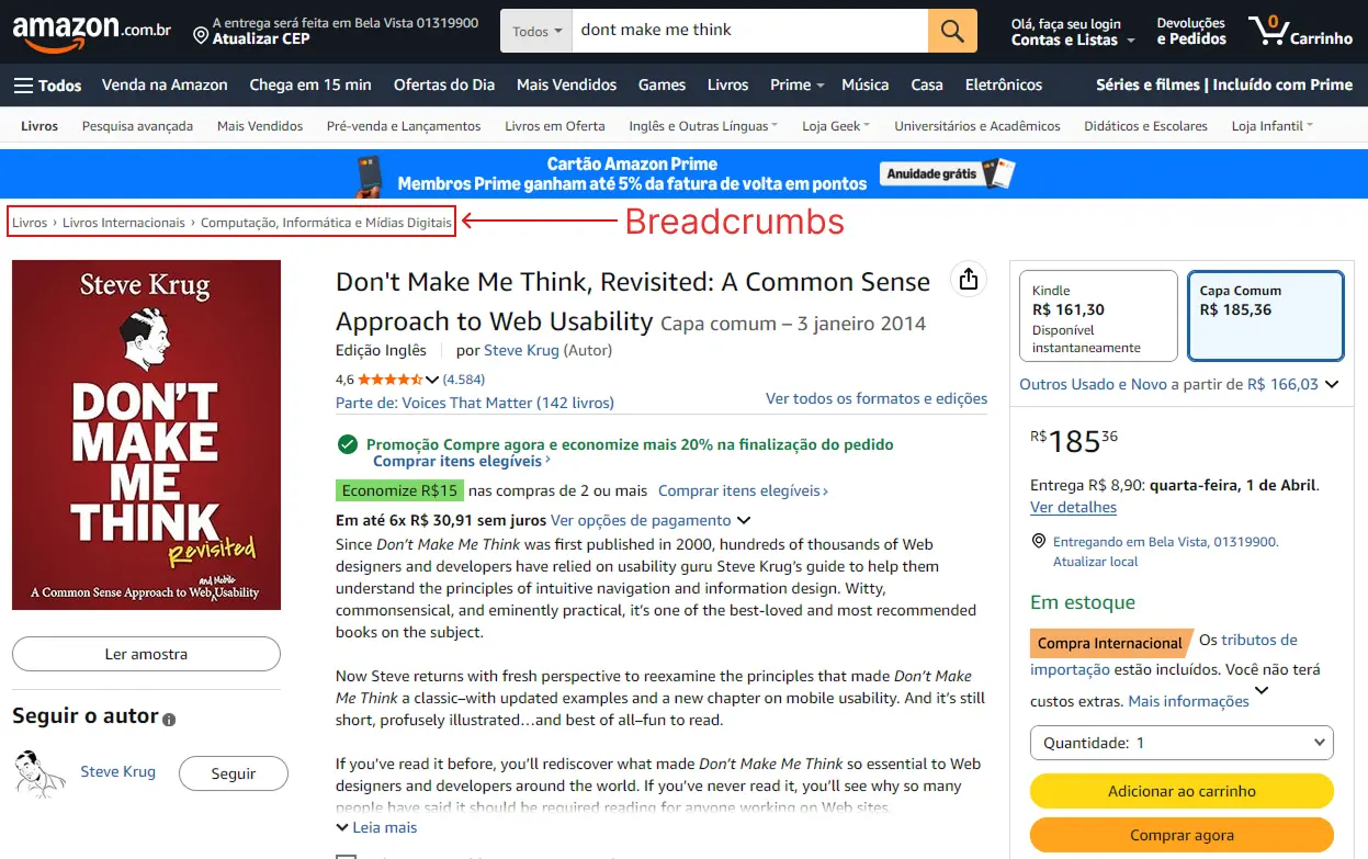 Exemplo de Breadcrumbs do Site da Amazon