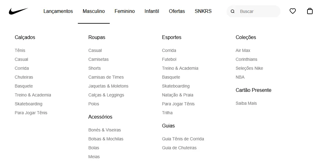 Exemplo de Menu de Navegação do Site da Nike